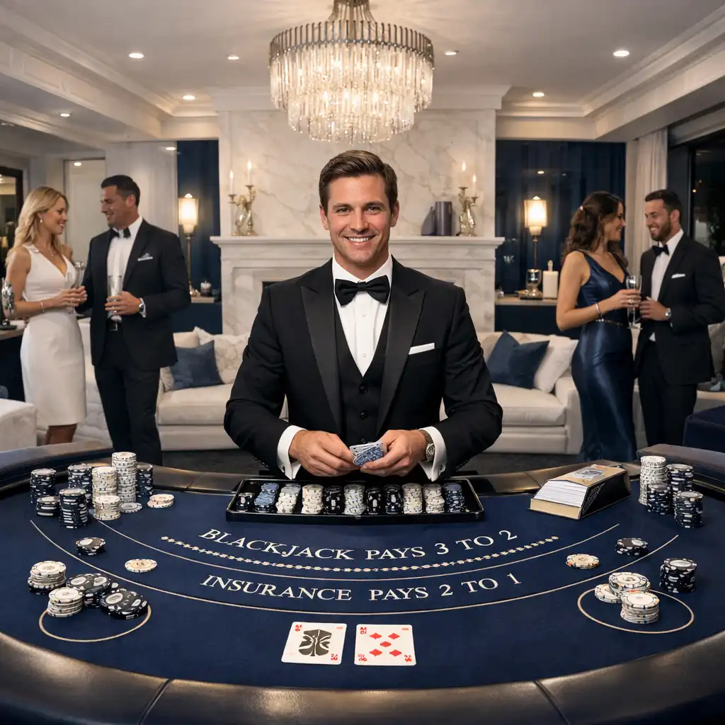 Elegáns blackjack asztal Vilorent kaszinóestjén, luxus villa hangulattal