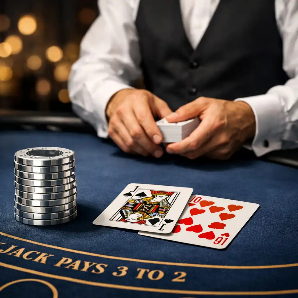 Vilorent prémium blackjack asztal, egyedi zsetonokkal és kaszinó kártyákkal