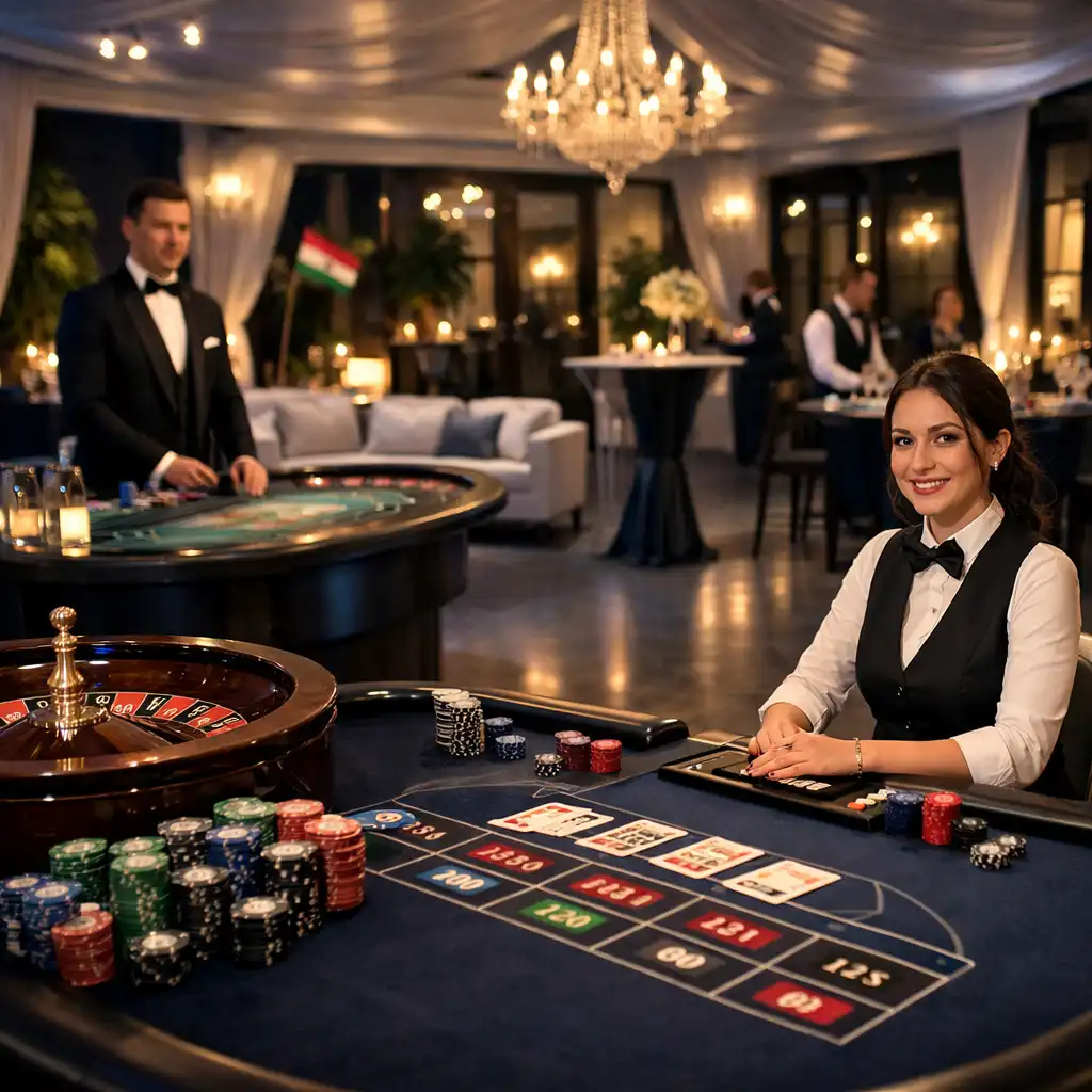 Elegáns, tét nélküli kaszinóest vendégekkel egy luxus villa környezetében