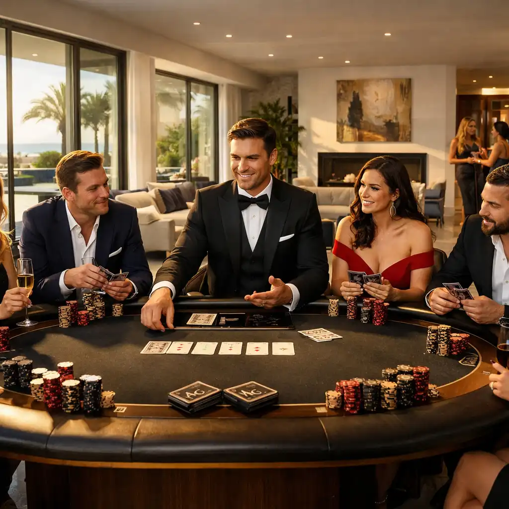 Elegáns pókerasztal luxus villa környezetben, Vilorent rendezvényen